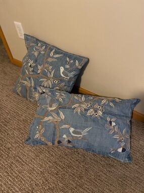 Pottery Barn Blue denim Embroidered Bird Pillow cover Pair (no inserts)